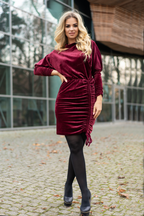Milona Maroon - welurowa sukienka ze ściągaczem bordowa