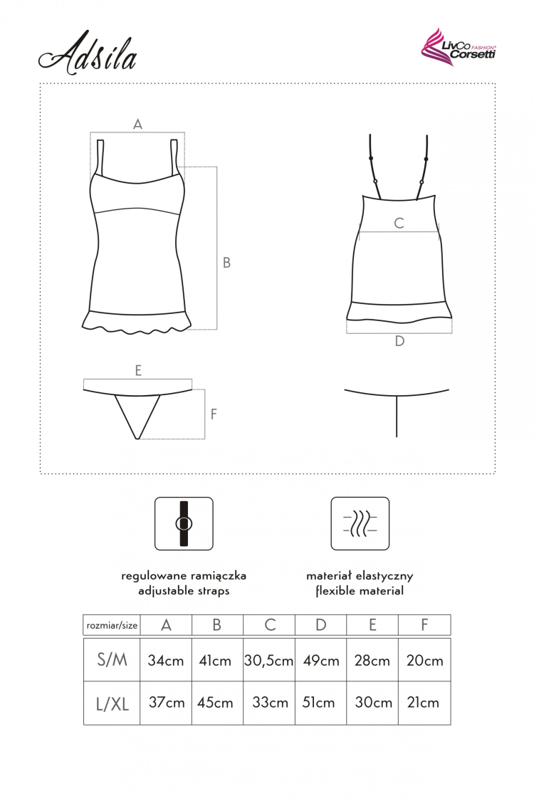 Adsila - komplet bielizny nocnej koszulka z falbanką i stringi