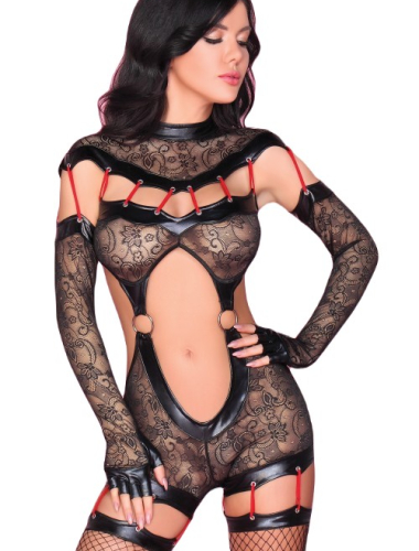 Sakura - koronkowe bodystocking z elementami ekoskóry