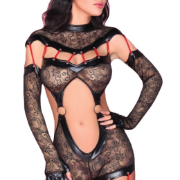 Sakura - koronkowe bodystocking z elementami ekoskóry